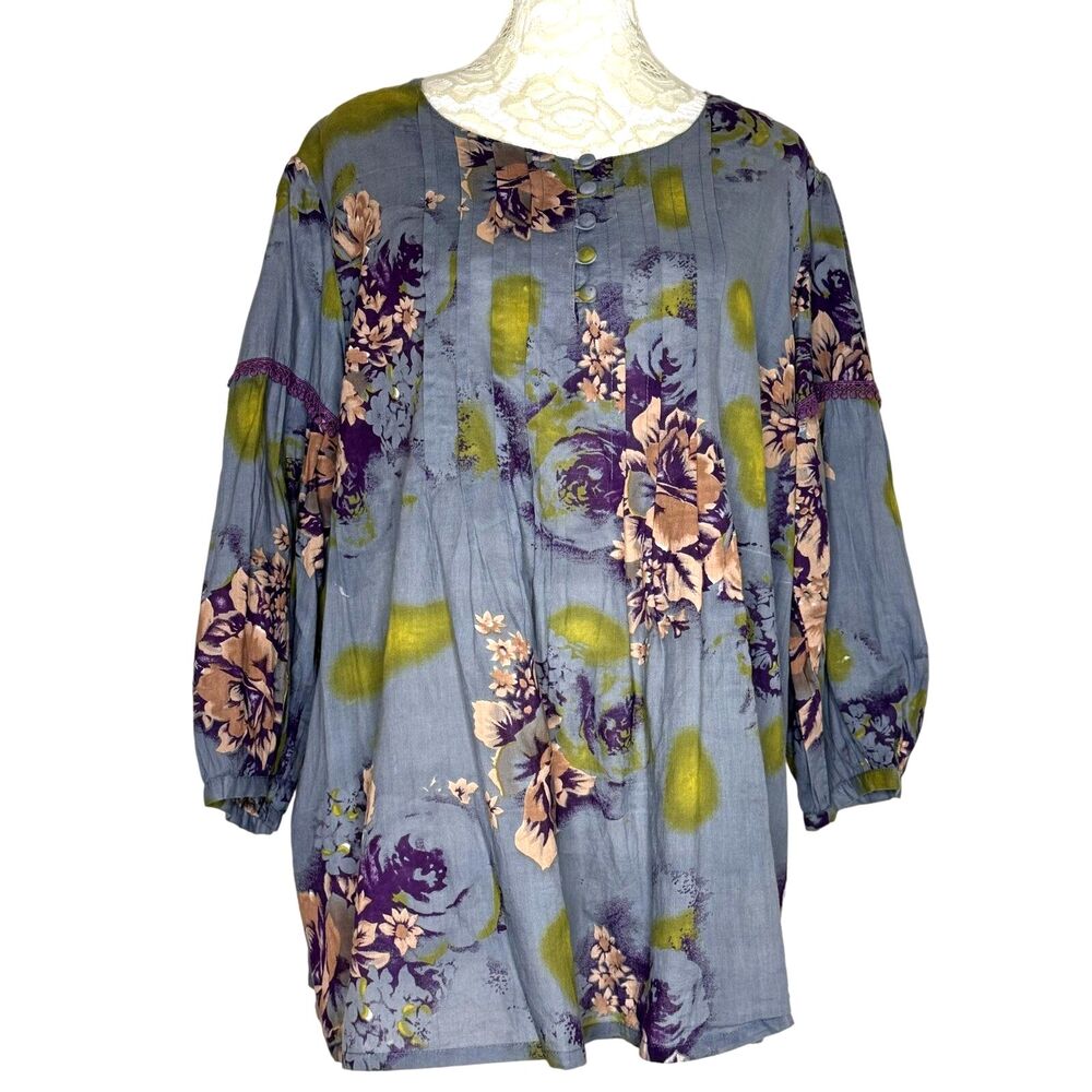 World Market Boho Pleated Crochet Trim Swing Top Blouse Floral S M